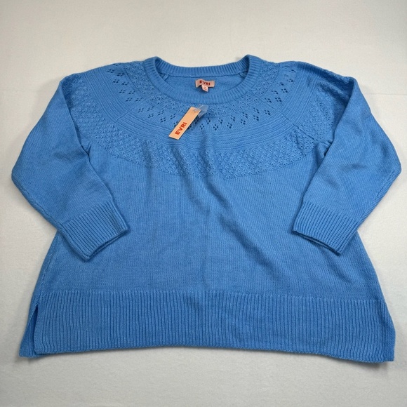 Evri Crew Neck Pointelle Sweater Womens Plus SZ 1X Gentana Blue Long Sleeve NWT - Picture 1 of 10